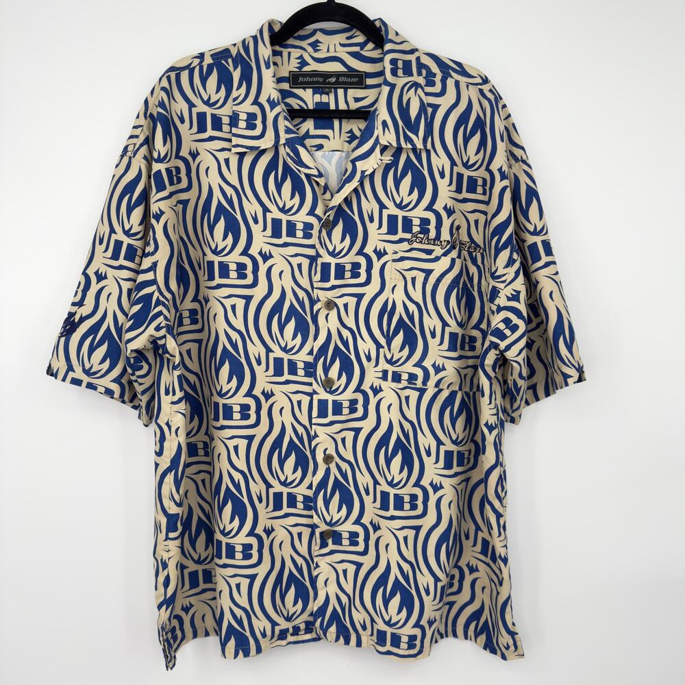 VTG Johnny Blaze Mens Button Up Shirt XL Flame Logo Spell Out Y2K Rap Streetwear